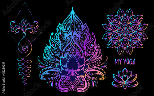 Sacred Geometry and Boo symbol set. Ayurveda sign of harmony and balance. Tattoo design, yoga logo. poster, t-shirt textile. Colorful rainbow gradient over black.