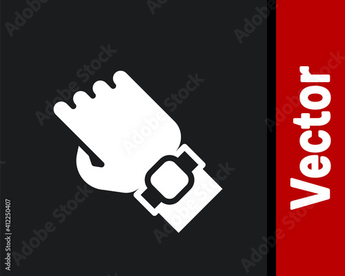 White Smart watch on hand icon isolated on black background. Fitness App concept. Vector.