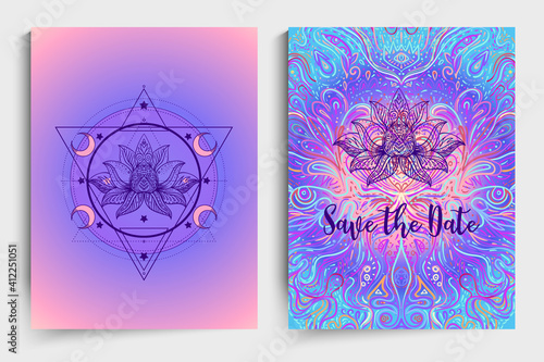 Yoga card, flyer, poster, mat design. Colorful design template for spiritual retreat or yoga studio. Ornamental business cards, oriental pattern. Vector illustration.