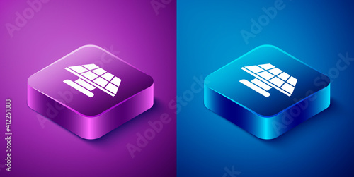 Isometric Solar energy panel icon isolated on blue and purple background. Square button. Vector.