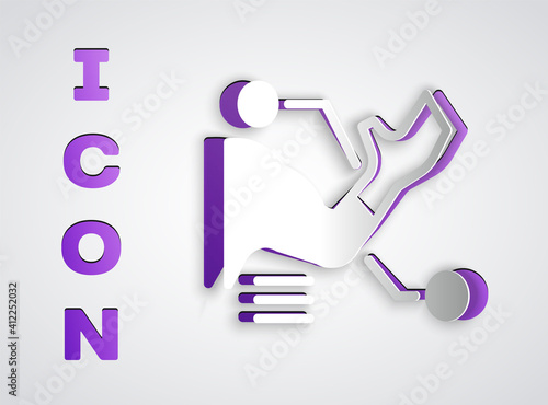 Paper cut Prosthesis hand icon isolated on grey background. Futuristic concept of bionic arm, robotic mechanical hand. Paper art style. Vector.