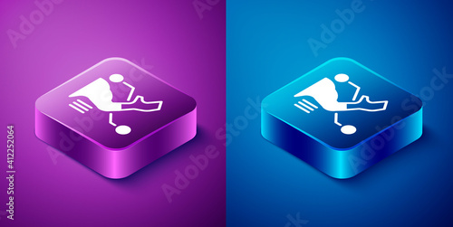 Isometric Prosthesis hand icon isolated on blue and purple background. Futuristic concept of bionic arm, robotic mechanical hand. Square button. Vector.