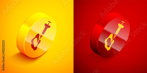 Isometric GMO syringe icon isolated on orange and red background. Genetically modified organism acronym. Dna food modification. Circle button. Vector.