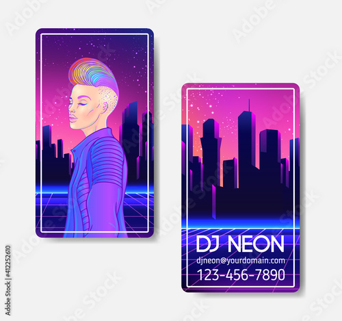 Futuristic synth wave style. Retroparty flyer template. Portrait of a young pretty androgynous woman with short shaved pixie undercut in retro futurism style. Vector illustration in neon bright colors