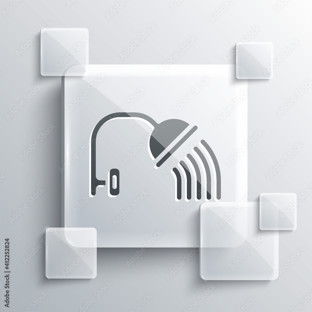 Grey Shower head with water drops flowing icon isolated on grey background. Square glass panels. Vector. Grey Shower head with water drops flowing icon isolated on grey background. Square glass panels. Vector.