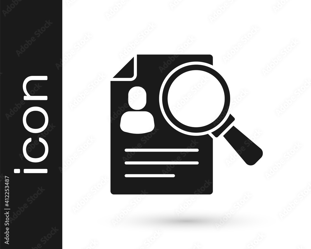 Black Document, paper analysis magnifying glass icon isolated on white background. Evidence symbol. Vector. Black Document, paper analysis magnifying glass icon isolated on white background. Evidence symbol. Vector.
