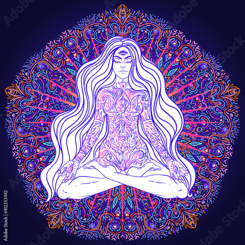 Beautiful Girl sitting in lotus position over ornate colorful neon background. Vector illustration. Psychedelic mushroom composition. Buddhism esoteric motifs. Tattoo, spiritual yoga.