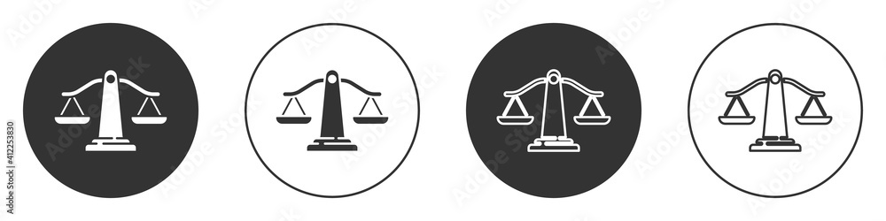 Black Scales of justice icon isolated on white background. Court of law symbol. Balance scale sign. Circle button. Vector. Black Scales of justice icon isolated on white background. Court of law symbol. Balance scale sign. Circle button. Vector.