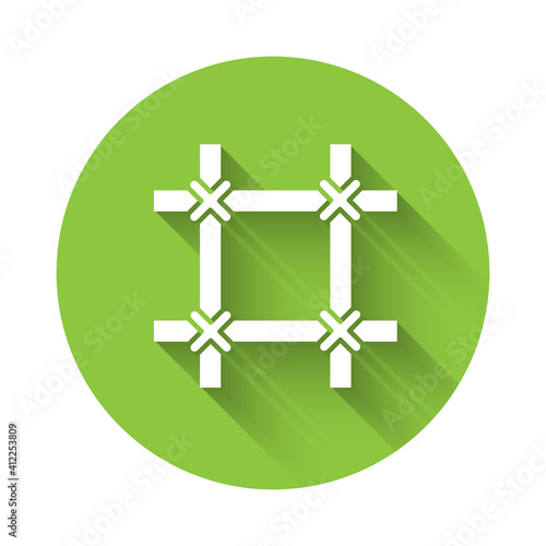 White Prison window icon isolated with long shadow. Green circle button. Vector.