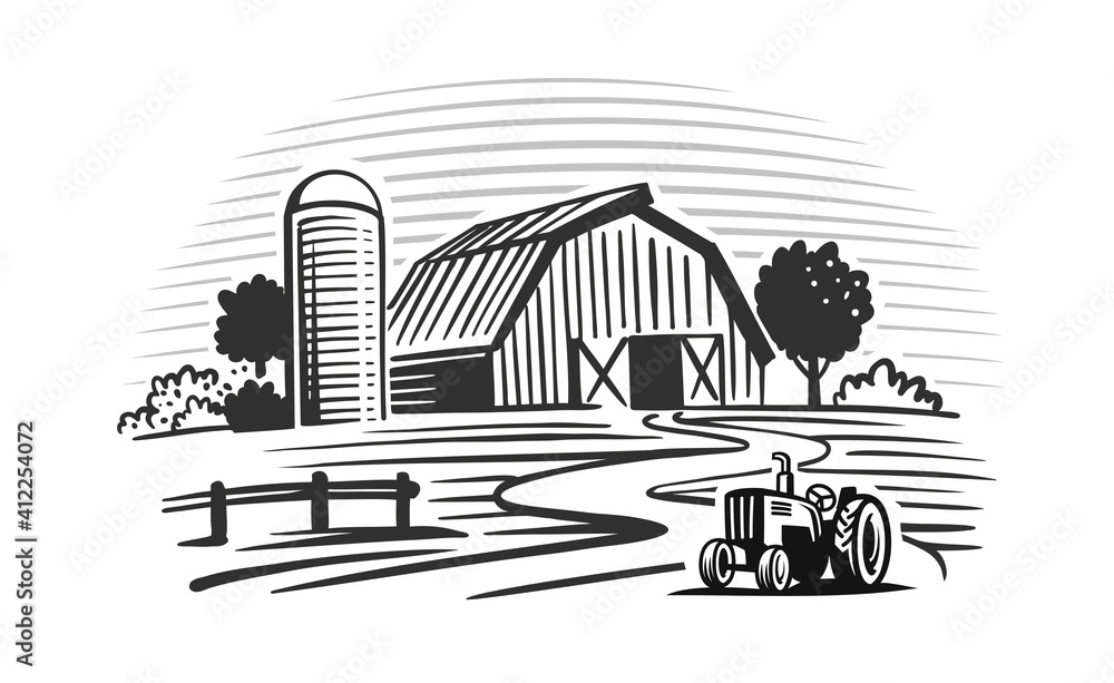 farm with trees and tractor harvesting hay farm with trees and tractor harvesting hay
