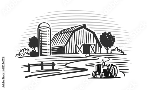 farm with trees and tractor harvesting hay 