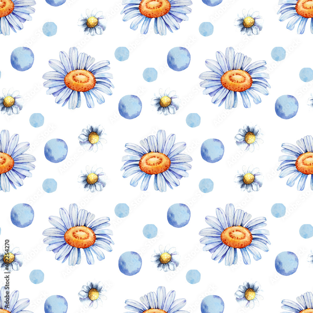 Digital paper seamless pattern with wildflowers, chamomile, many petals. Hand watercolor illustration isolated on white background. Digital paper seamless pattern with wildflowers, chamomile, many petals. Hand watercolor illustration isolated on white background.