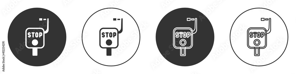 Black Emergency brake icon isolated on white background. Circle button. Vector. Black Emergency brake icon isolated on white background. Circle button. Vector.