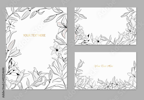Set of vector cards with  lilies on a white background. Line art.