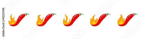 Set of hot pepper icons with different flames. Fire and Pepper. Spicy food concept