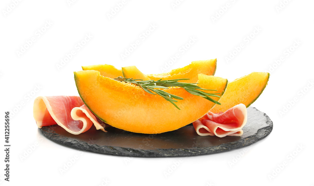 Board with delicious melon and prosciutto on white background Board with delicious melon and prosciutto on white background