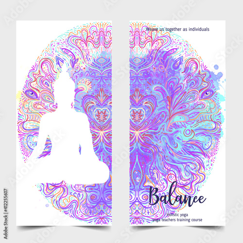 Yoga card, flyer, poster, mat design. Colorful design template for spiritual retreat or yoga studio. Ornamental business cards, oriental pattern. Vector illustration.
