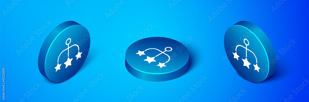 Fototapeta premium Isometric Baby crib hanging toys icon isolated on blue background. Baby bed carousel. Blue circle button. Vector.