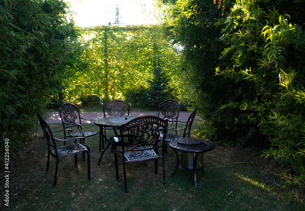 Garden chairs and table metal openwork forged in the summer garden