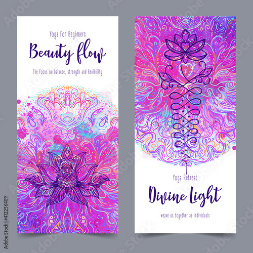 Yoga card, flyer, poster, mat design. Colorful design template for spiritual retreat or yoga studio. Ornamental business cards, oriental pattern. Vector illustration.