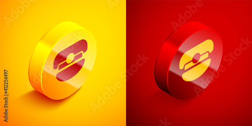 Isometric Captain hat icon isolated on orange and red background. Circle button. Vector.