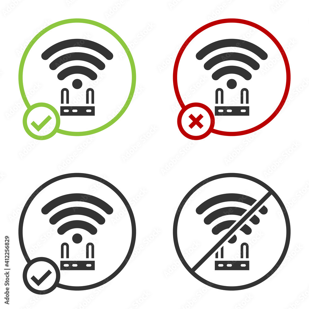 Black Router and wi-fi signal icon isolated on white background. Wireless ethernet modem router. Computer technology internet. Circle button. Vector. Black Router and wi-fi signal icon isolated on white background. Wireless ethernet modem router. Computer technology internet. Circle button. Vector.