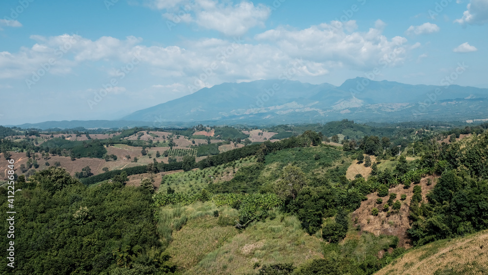 Fototapeta premium Aerial view over hill of north Thailand.
