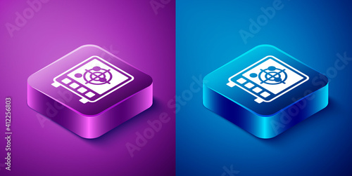 Isometric Radar with targets on monitor in searching icon isolated on blue and purple background. Search system. Navy sonar. Square button. Vector.