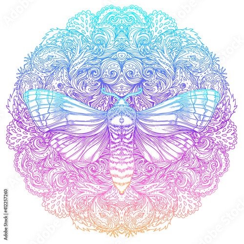 Moth over mandala. Beautiful vintage round pattern. Vector illustration. Psychedelic neon composition. Indian, Buddhism