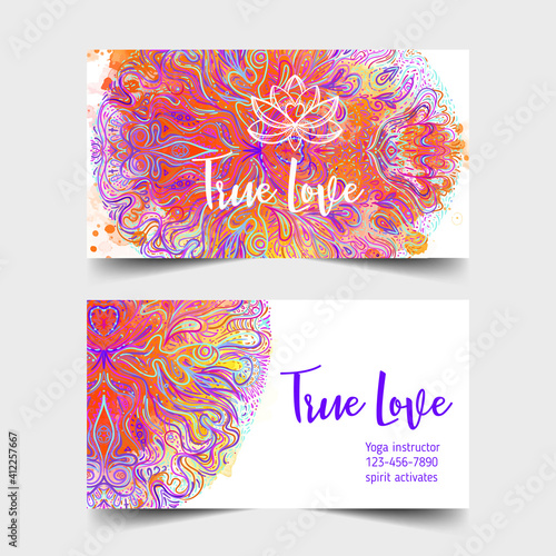 Yoga card, flyer, poster, mat design. Colorful design template for spiritual retreat or yoga studio. Ornamental business cards, oriental pattern. Vector illustration.