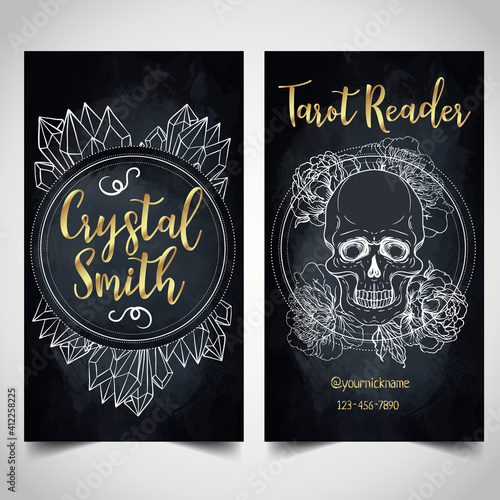 Fortune teller, spiritual coach, mystic healer business card design template. Vector illustration. Magic woman.