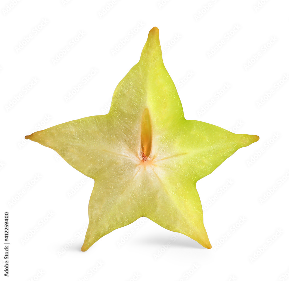Fototapeta premium Slice of ripe carambola isolated on white. Exotic fruit