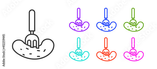 Black line Pickled cucumber on a fork icon isolated on white background. Set icons colorful. Vector Illustration.