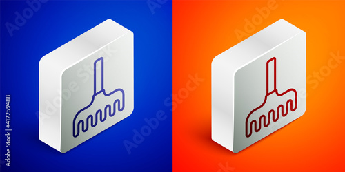 Isometric line Garden rake icon isolated on blue and orange background. Tool for horticulture, agriculture, farming. Ground cultivator. Silver square button. Vector Illustration.
