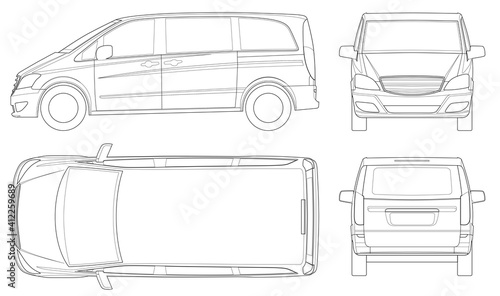 View front, rear, side, top Electric Minivan with Premium Touches, Car vector template on white background. Compact crossover, SUV, 5-door minivan car. Car line.