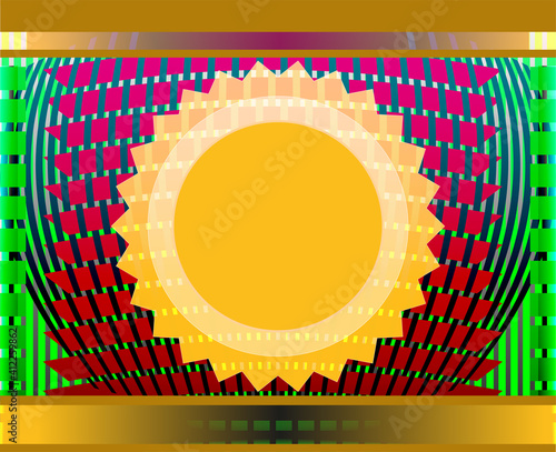 Abstract geometric background.
Multicolor, rectangular image with a complex volumetric structure with a circle in the center.