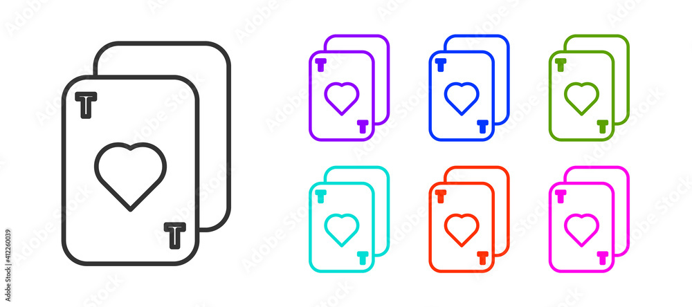 Black line Playing cards icon isolated on white background. Casino gambling. Set icons colorful. Vector Illustration. Black line Playing cards icon isolated on white background. Casino gambling. Set icons colorful. Vector Illustration.