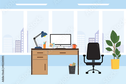 Office workplace with table, window, flower