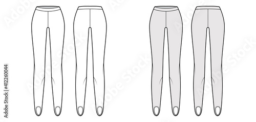 Stirrup Pants knit technical fashion illustration with low waist, rise, full length. Flat sport training, bottom trousers apparel template front, back, white grey color. Women men unisex CAD mockup