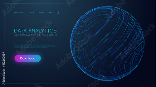 Data analytics. Vector Particle flow sphere. Bigdata wave abstract vector background. Blue abstract background.
