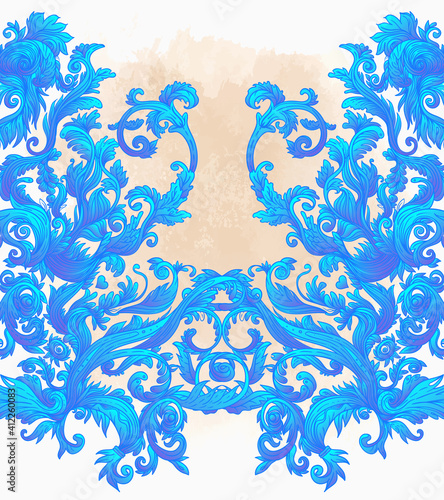 Vintage baroque floral seamless pattern in beige color. 1980s style. Ornate v...