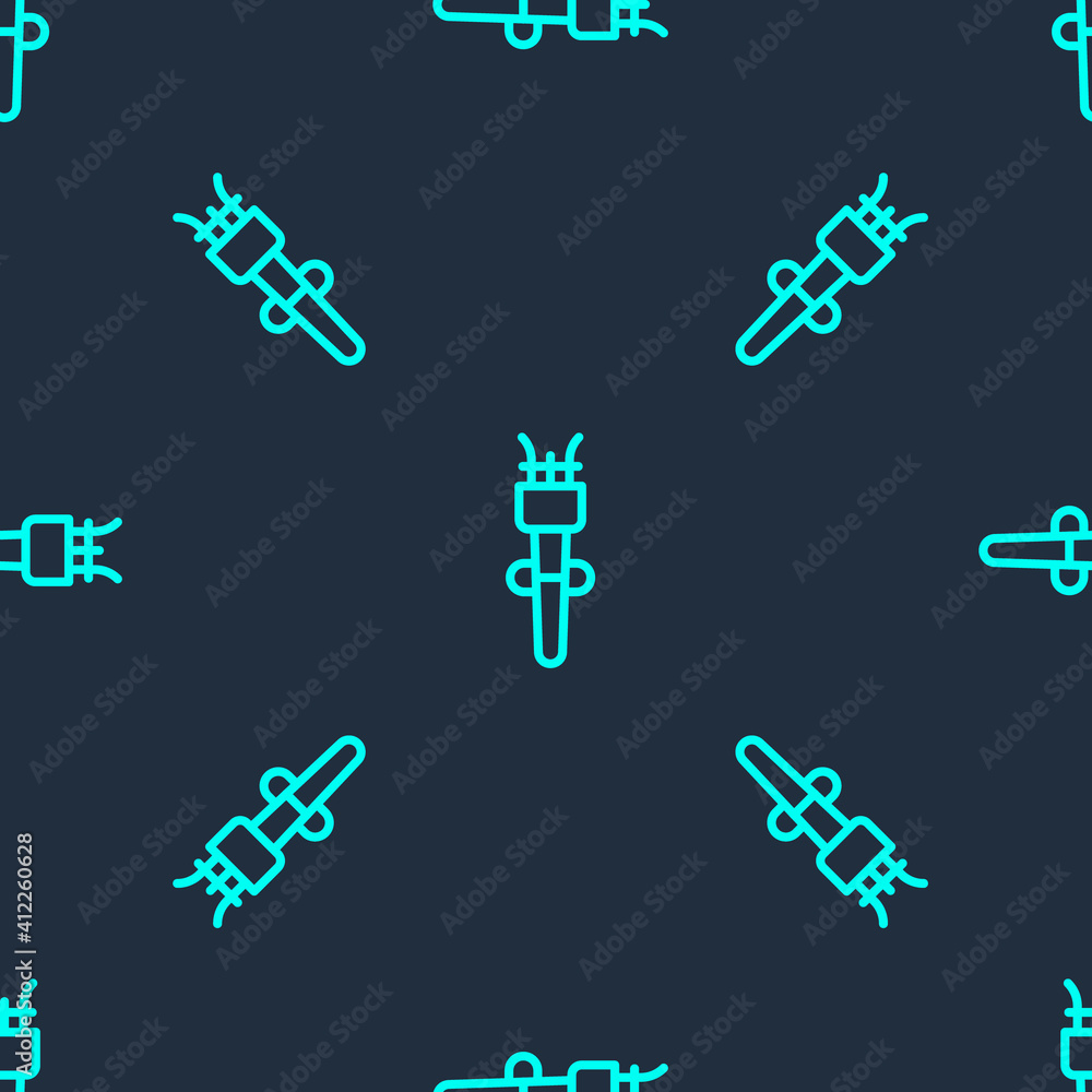 Green line Torch flame icon isolated seamless pattern on blue background. Symbol fire hot, flame power, flaming and heat. Vector.