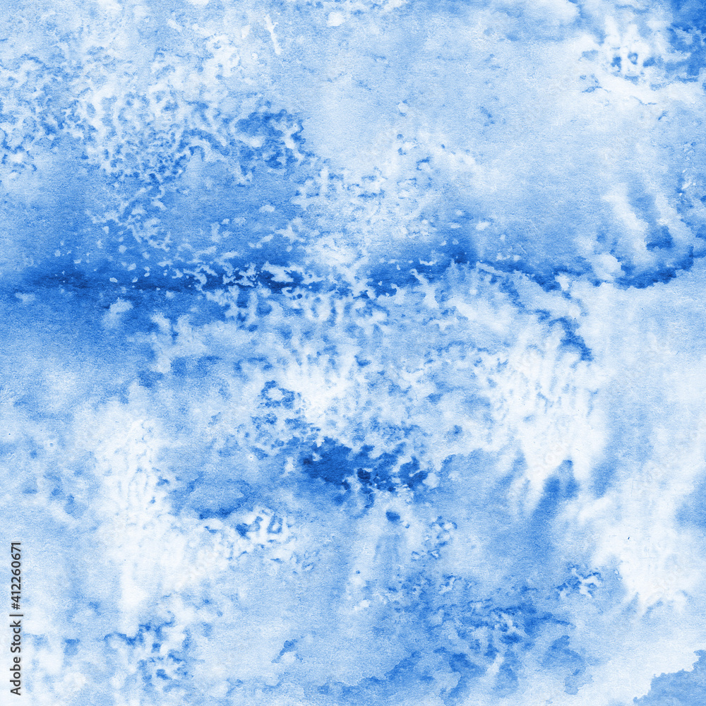 Blue ink and watercolor frost texture on white paper background. Paint leaks and decalcomania effects. Hand-painted gouache abstract image. Mess on the canvas.