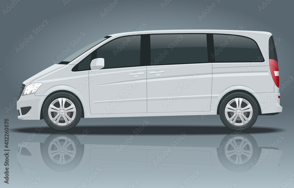 Electric Minivan with Premium Touches, Passenger Van or Minivan Car vector template on white background. MPV, SUV, 5-door minivan car. View side