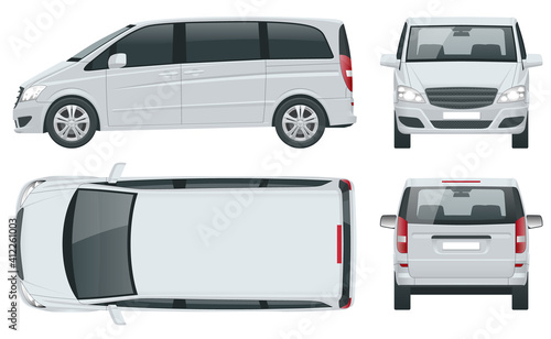 Electric Minivan with Premium Touches, Passenger Van or Minivan Car vector template on white background. MPV, SUV, 5-door minivan car. View front, rear, side, top.