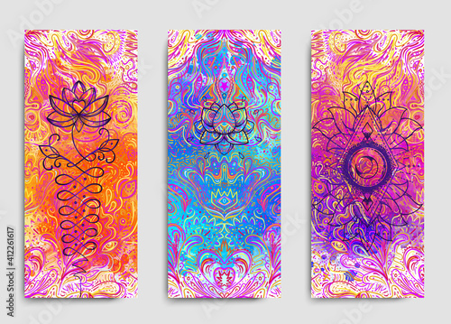 Yoga card, flyer, poster, mat design. Colorful design template for spiritual retreat or yoga studio. Ornamental business cards, oriental pattern. Vector illustration.