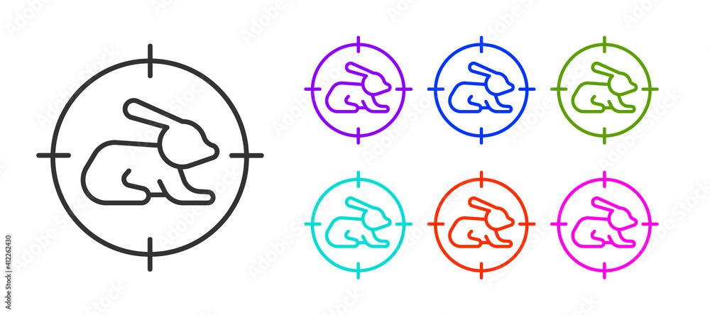 Black line Hunt on rabbit with crosshairs icon isolated on white background. Hunting club logo with rabbit and target. Rifle lens aiming a hare. Set icons colorful. Vector.