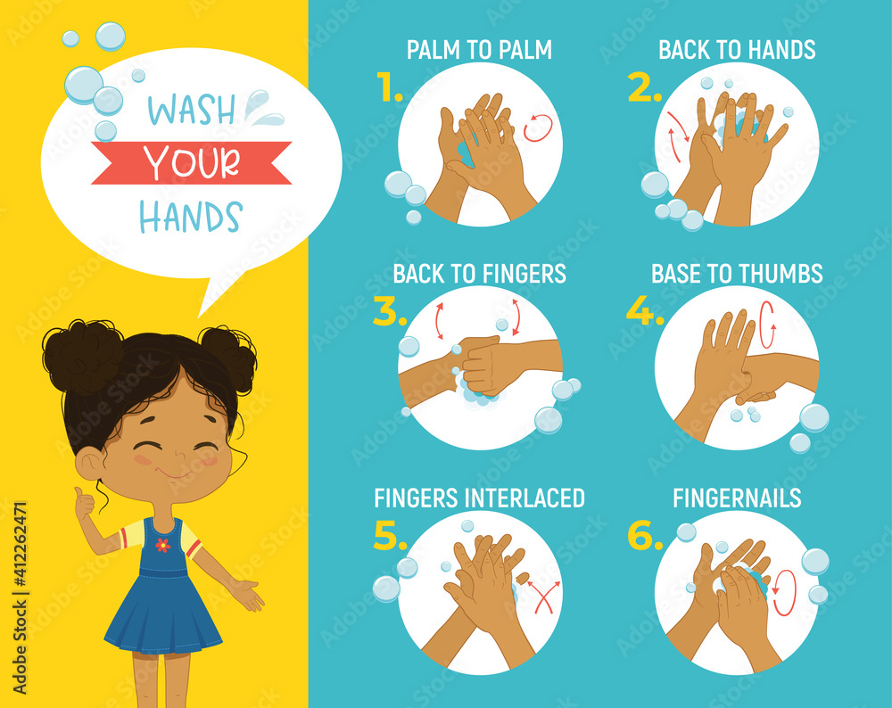 How to wash your hands Step Poster Infographic illustration. Poster with African girl shows how to wash hands properly.
