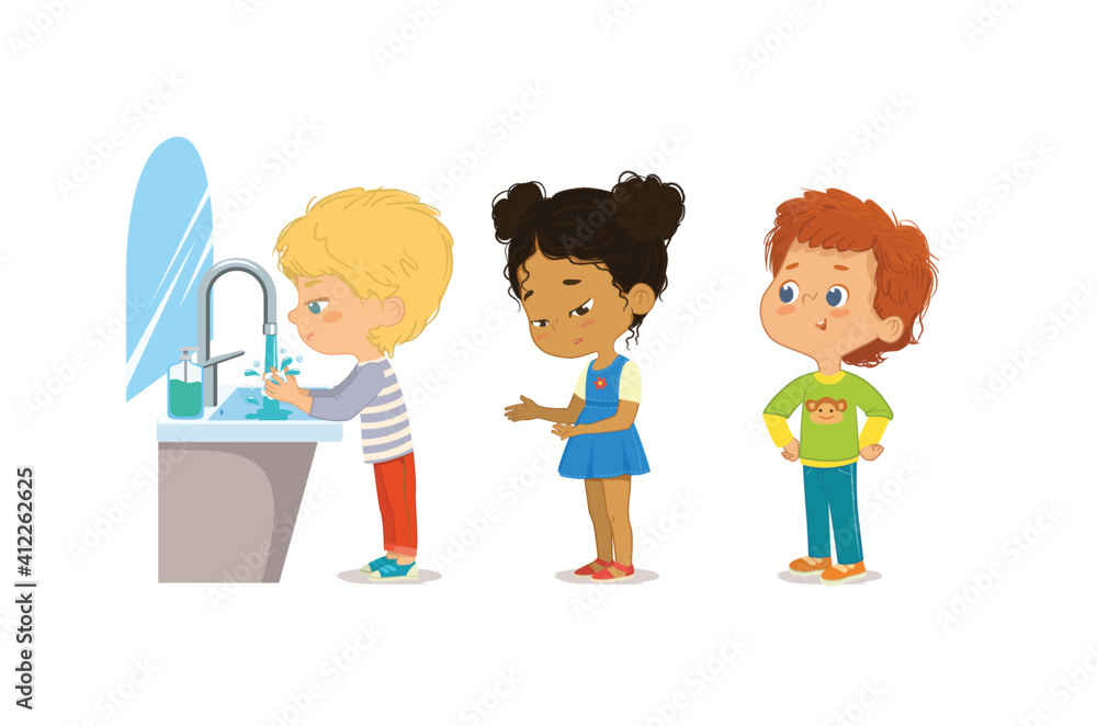 Hygiene. Children are washing their hands. Perspective of children standing at the wash basin. School girls and boys waiting to wash Hygiene. Children are washing their hands. Perspective of children standing at the wash basin. School girls and boys waiting to wash