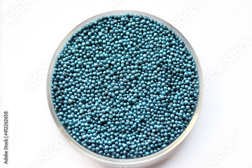Blue neonicotinoid seed treatment in rapeseed or canola seeds, harmful to bees , ban neonicotinoids. Chemically treated seeds. photo